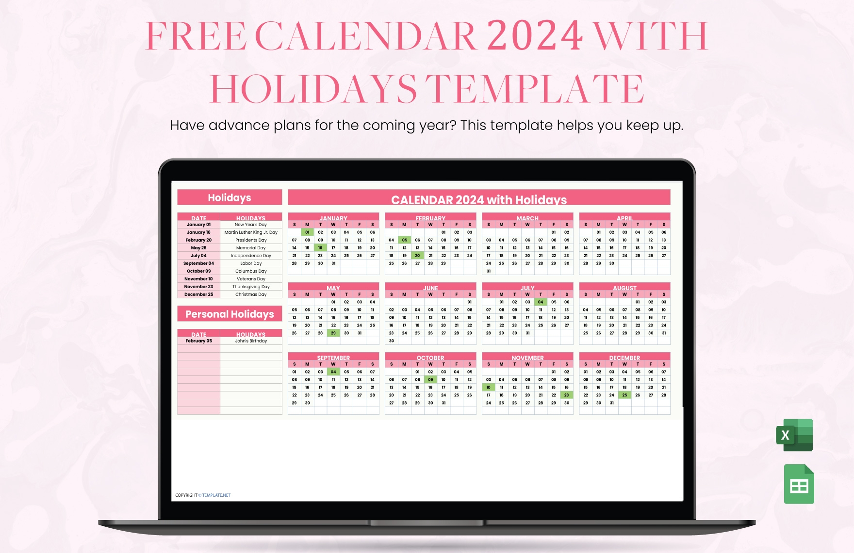 2024 Holiday Calendar Excel Sheets Printable Debee Ethelyn