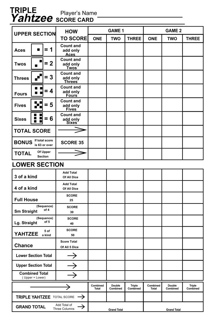 6 Best Free Printable Triple Yahtzee Score Sheets Yahtzee Score
