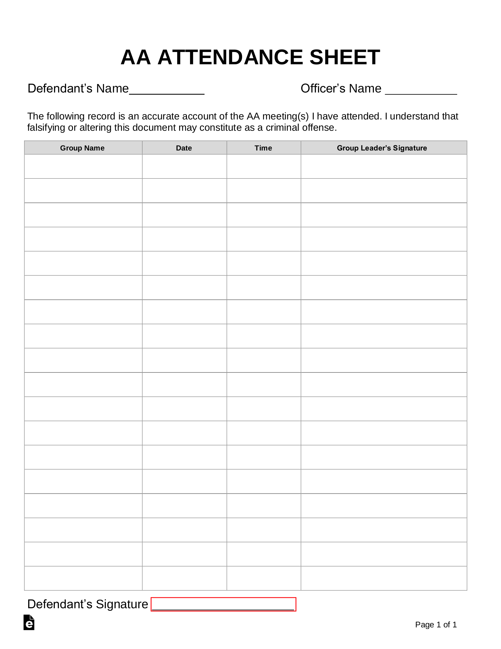 AA Na Attendance Sheet Printable