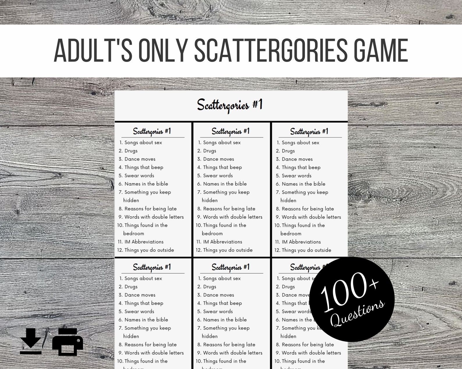 Adults Only Scattergories Printable Party Game 100 Questions Etsy