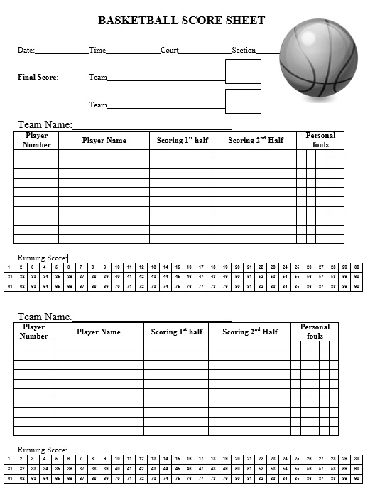 Basketball Score Sheet Printable Printable Word Searches