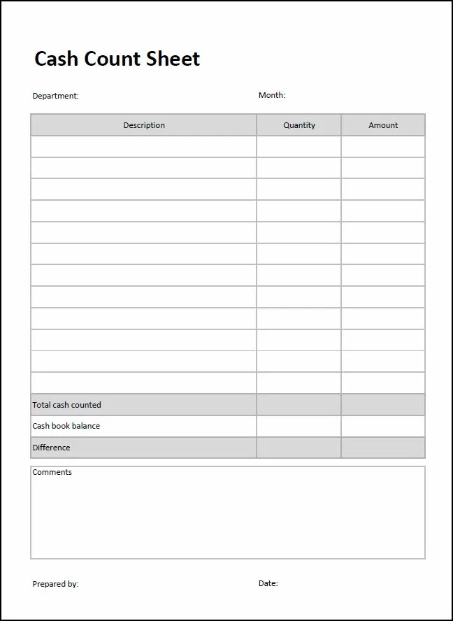 Blank Free Printable Cash Drawer Count Sheet