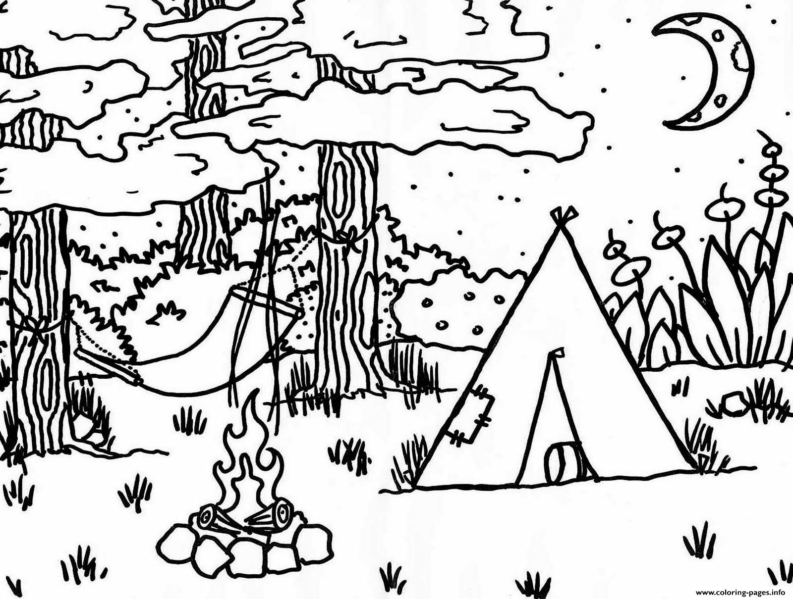 Camping Moon Fire Coloring Page Printable