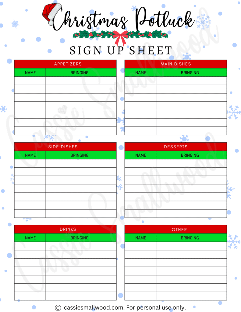 Christmas Potluck Sign Up Sheet Cassie Smallwood