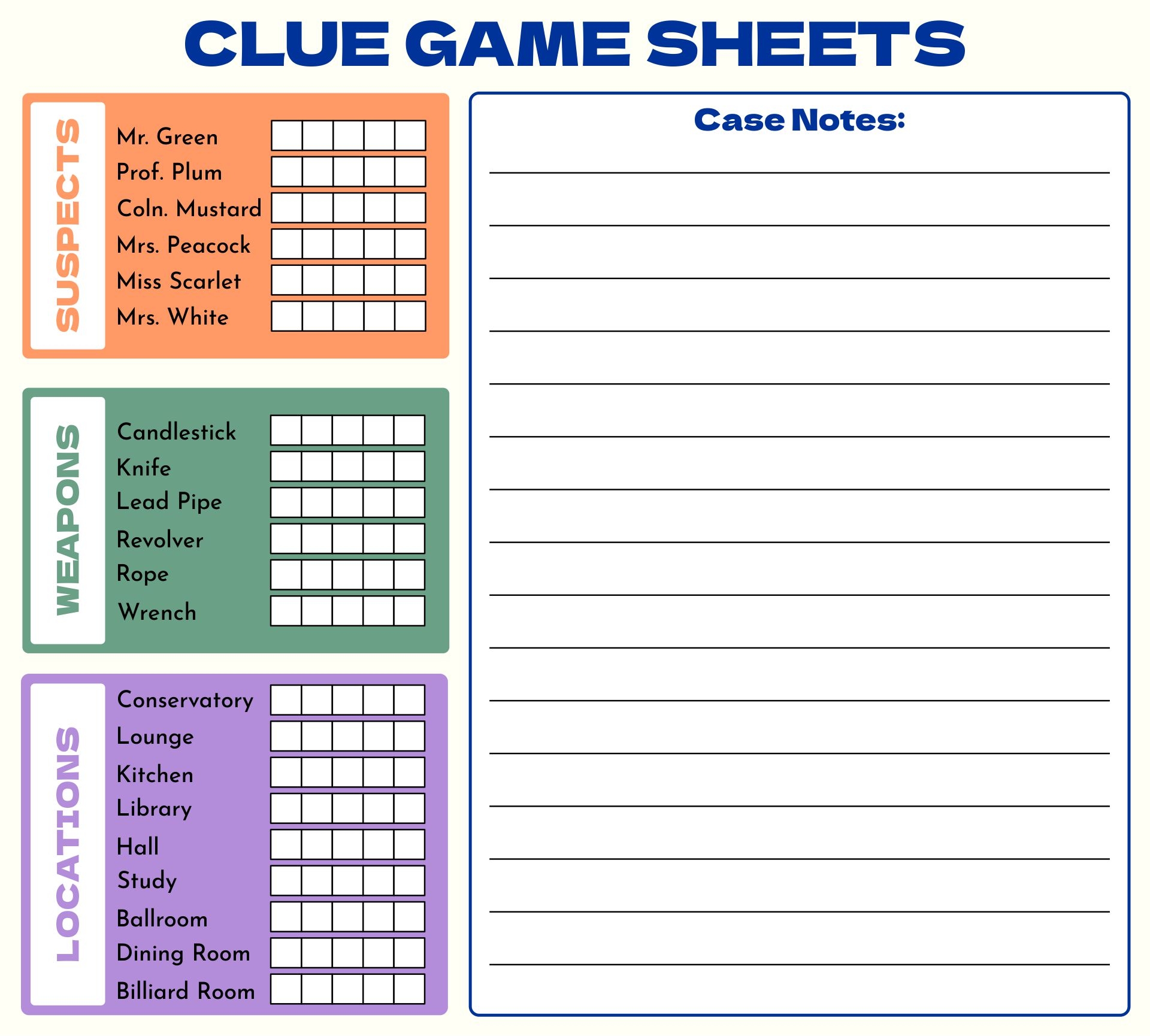 Clue Printable Game Sheets