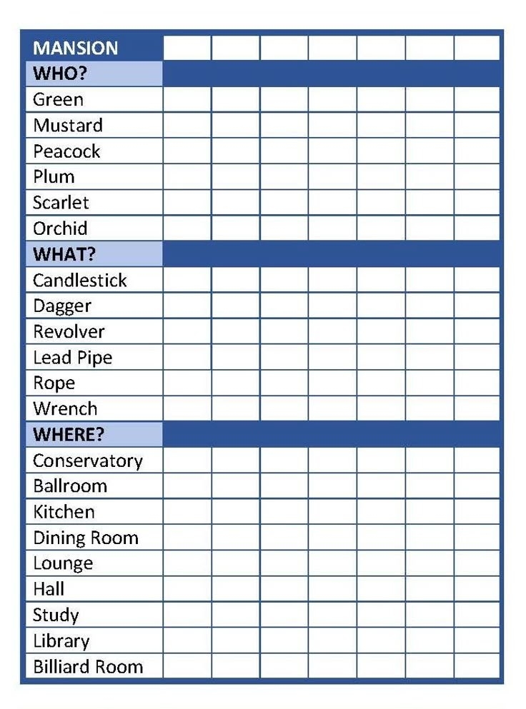 Clue Sheet Printable Printable Calendars AT A GLANCE