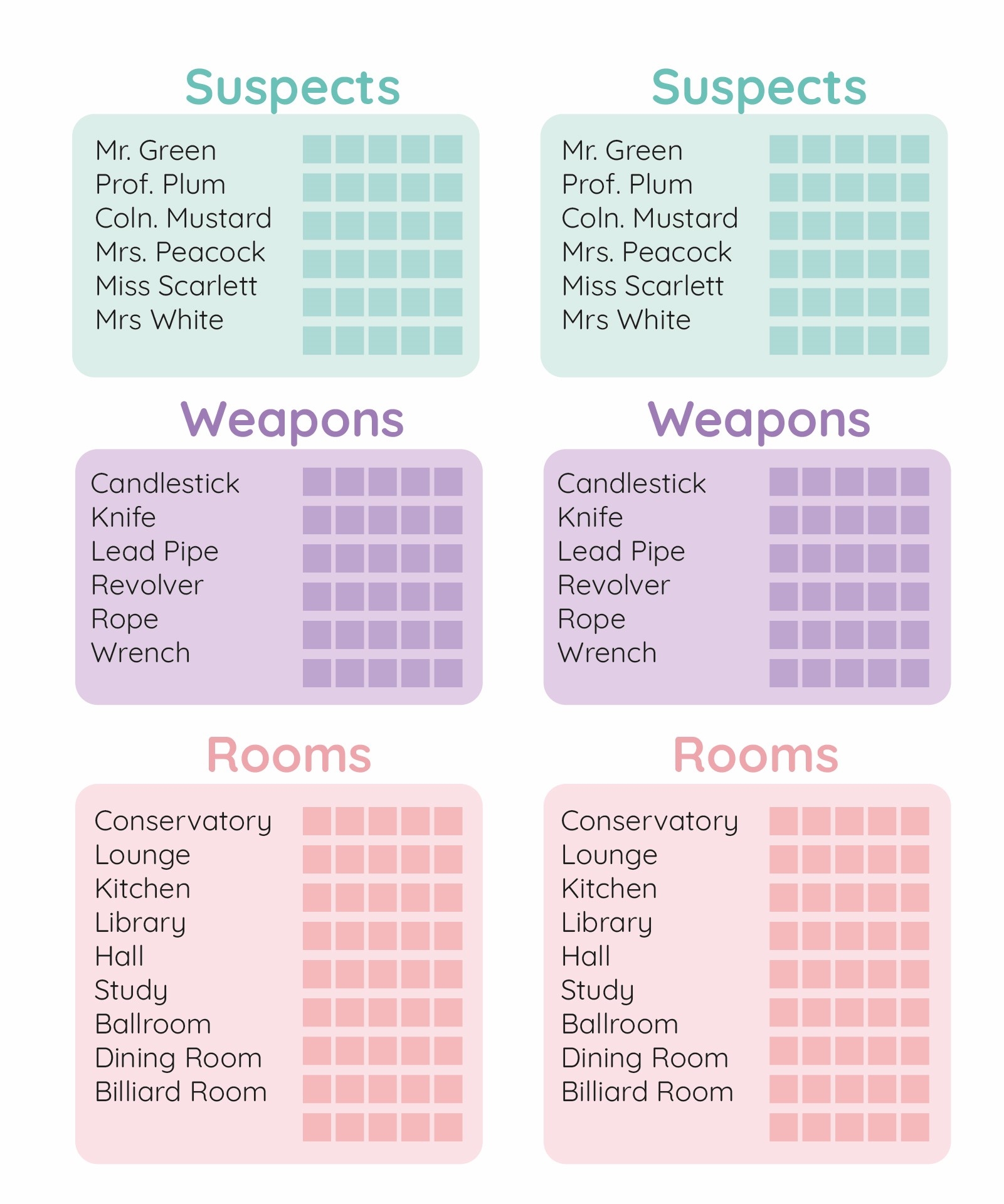 Cluedo Printable Sheets