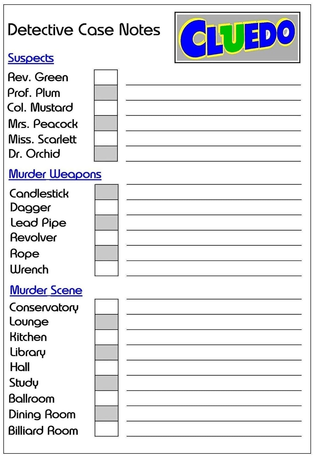 Cluedo Score Sheets Printable