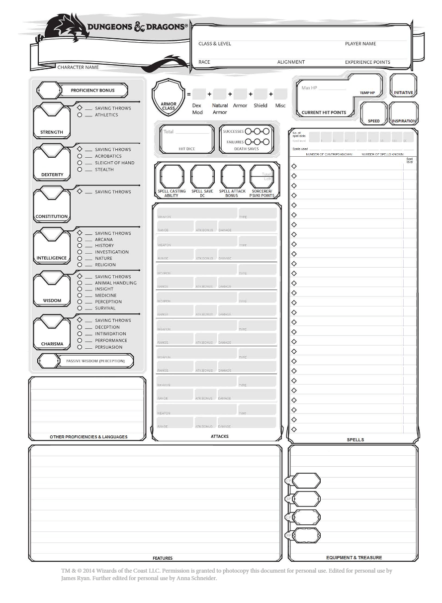 D D 5E Character Sheet Editable Printable Fillable PDF D D 5e 