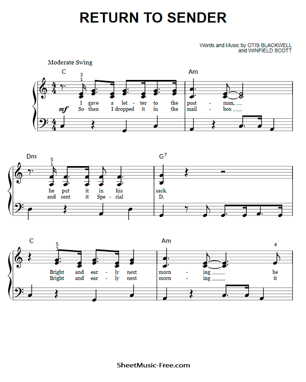 Download Return To Sender Easy Piano Sheet Music PDF Elvis Presley
