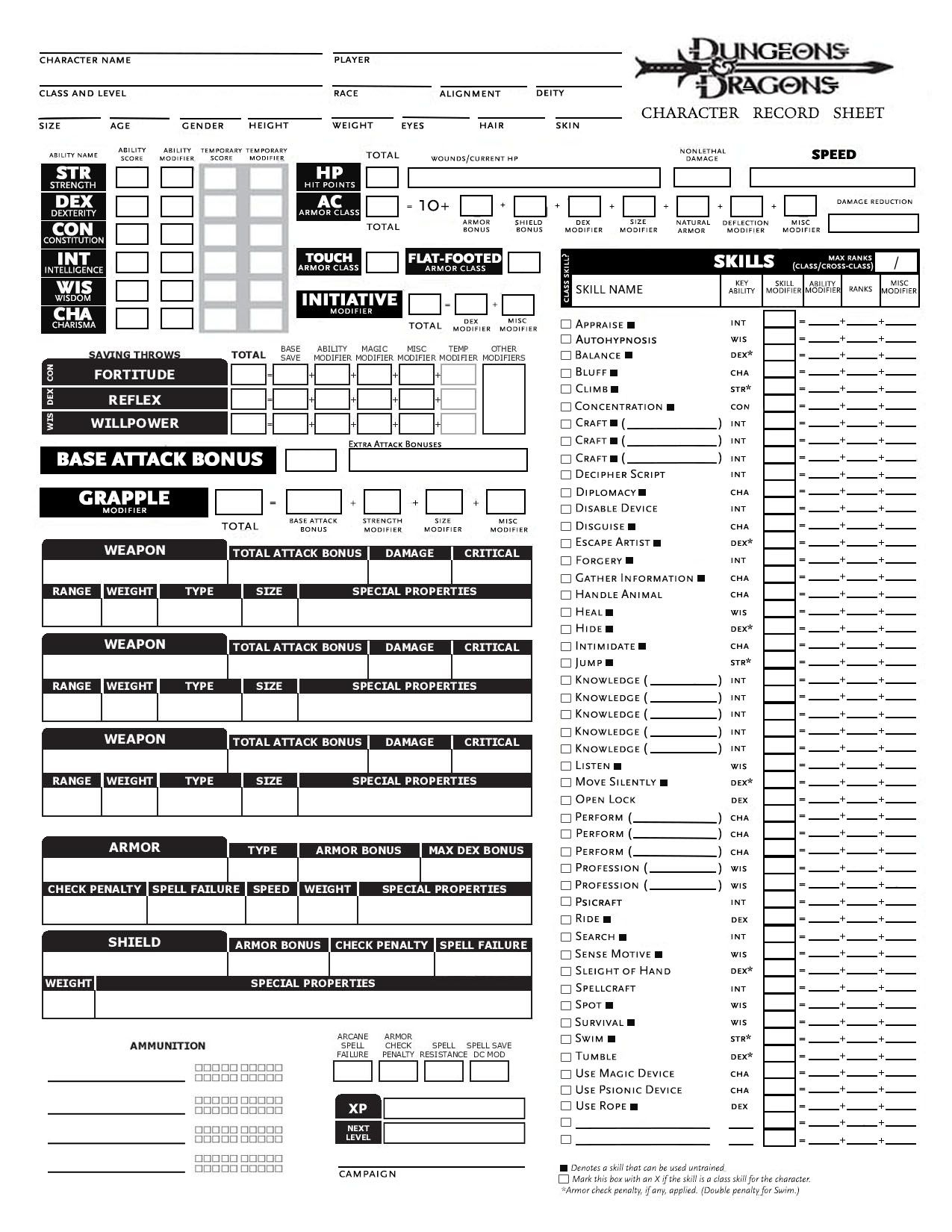 Dungeons And Dragons Character Sheet Printable
