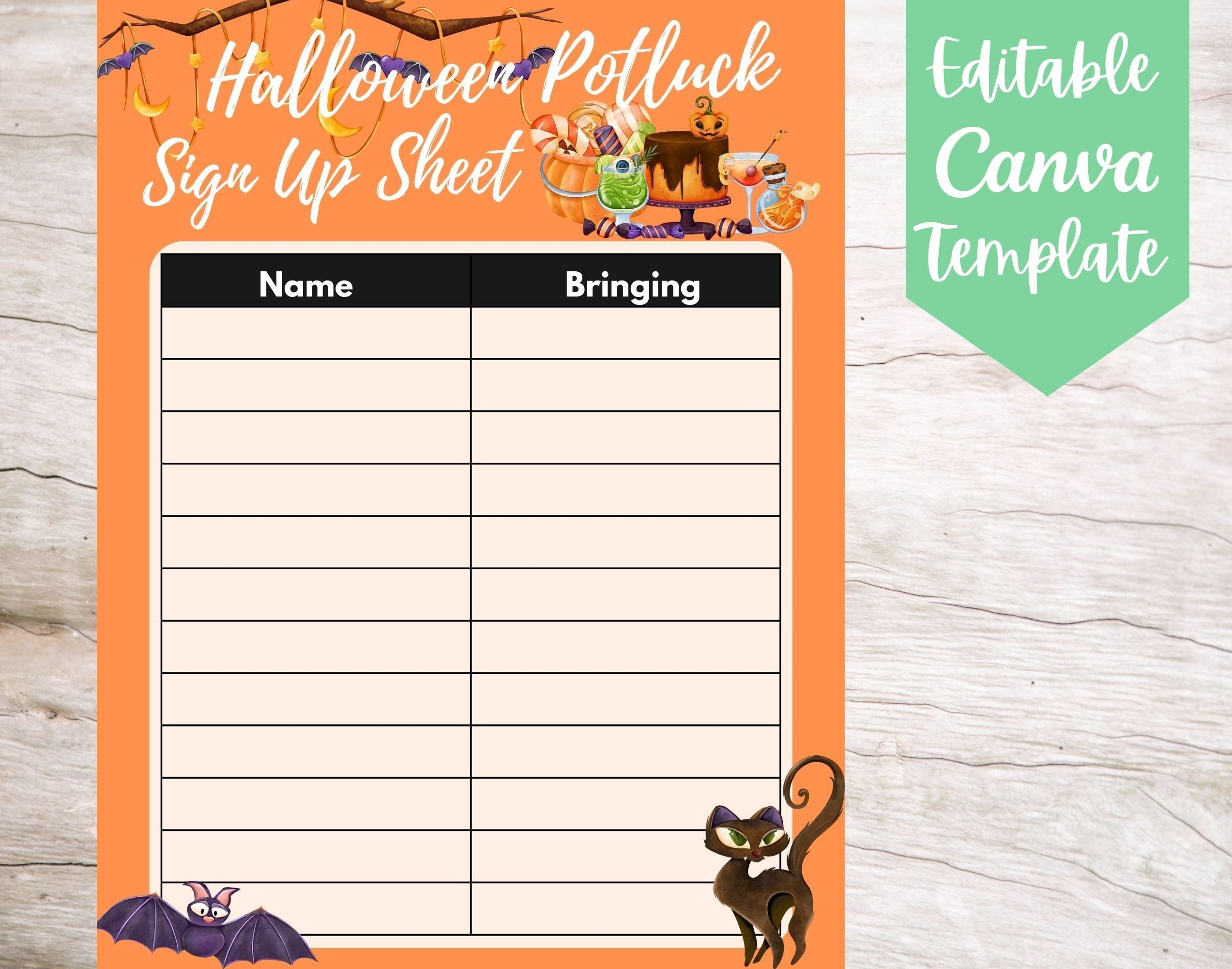 EDITABLE And Printable Halloween Potluck Sign Up Sheet Template 