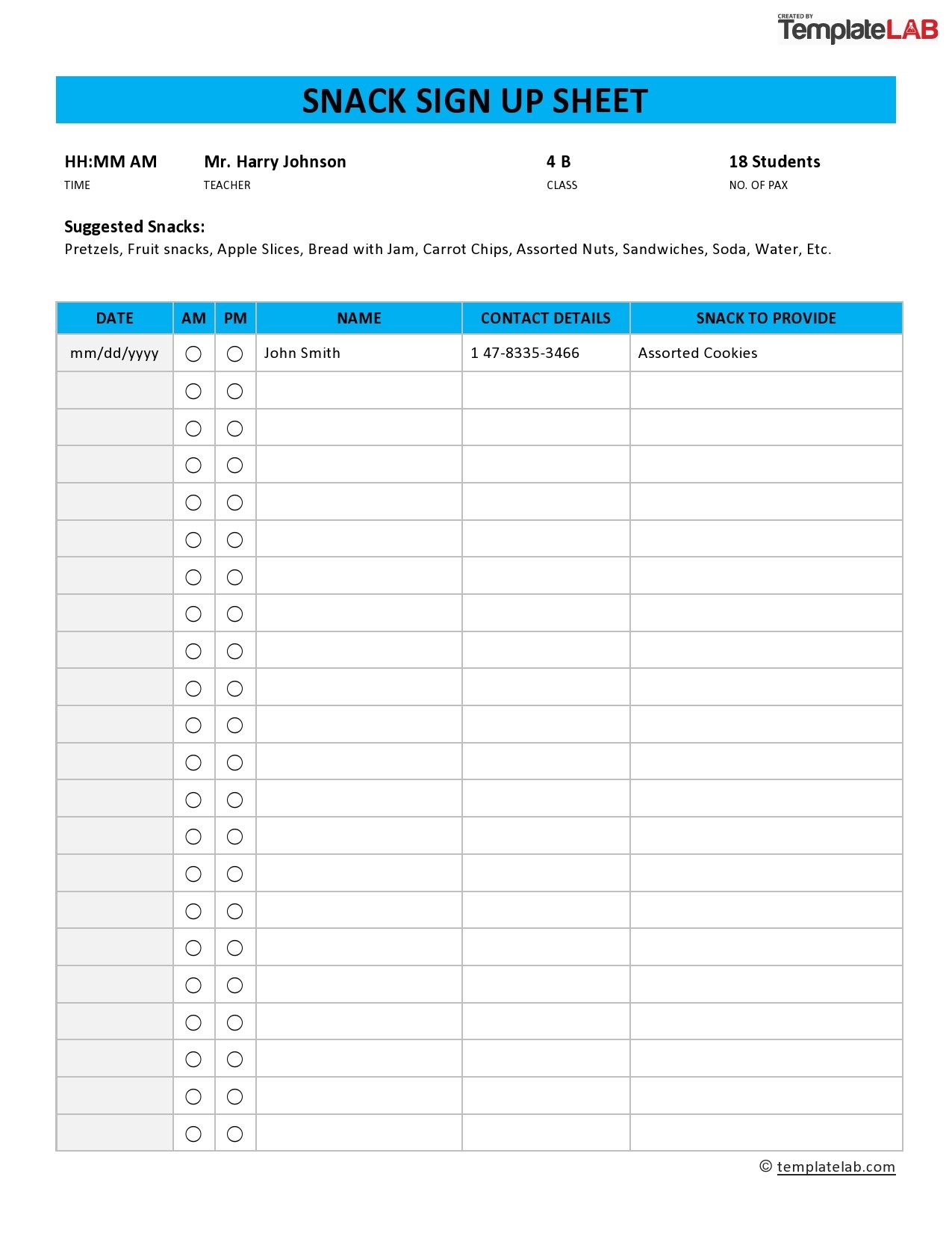 Editable Printable Snack Sign Up Sheet
