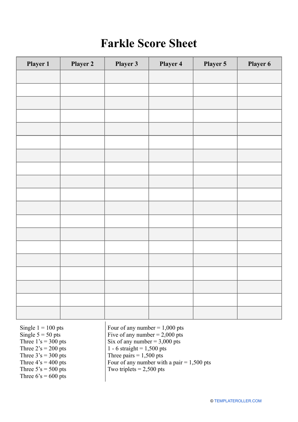 Farkle Scoring Sheet Printable