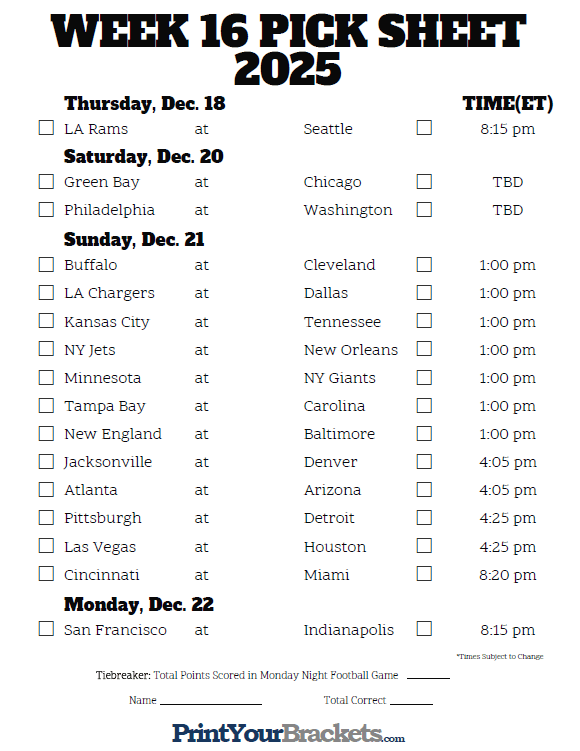 Football Pick Em Pool Weekly Printable Sheet