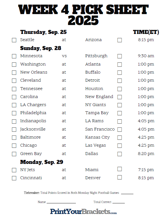Football Pick Em Pool Weekly Printable Sheet Prntbl 
