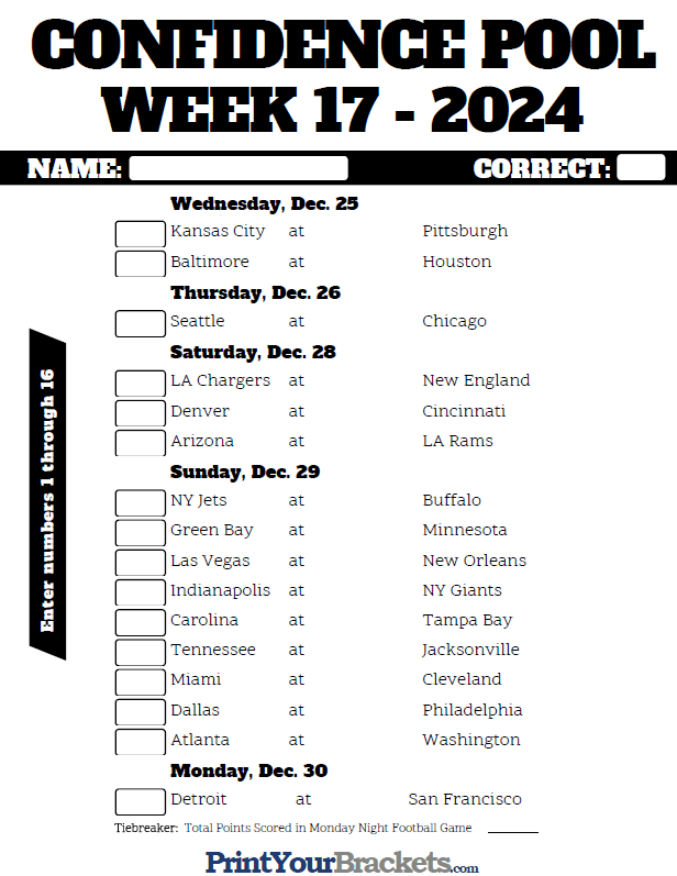 Football Pick Em Pool Weekly Printable Sheet Prntbl 