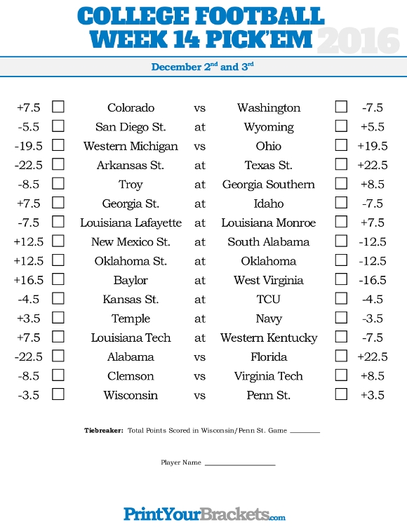 Football Pick Em Pool Weekly Printable Sheet