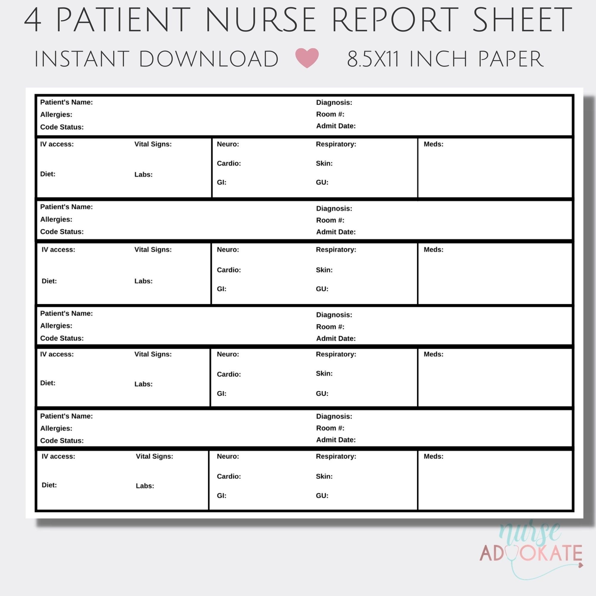 Four Patient Nurse Report Sheet Template SBAR RN Handoff Simple Full