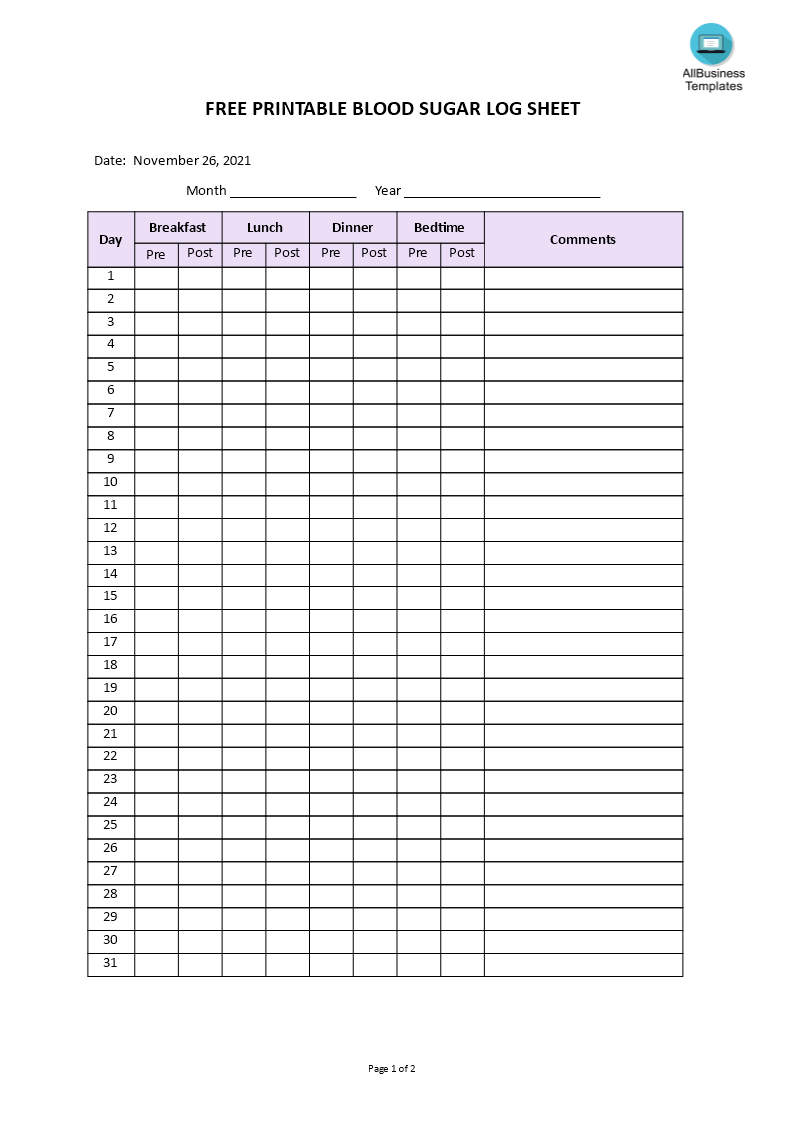 Free Printable Monthly Blood Glucose Log Sheet Printable Templates Free