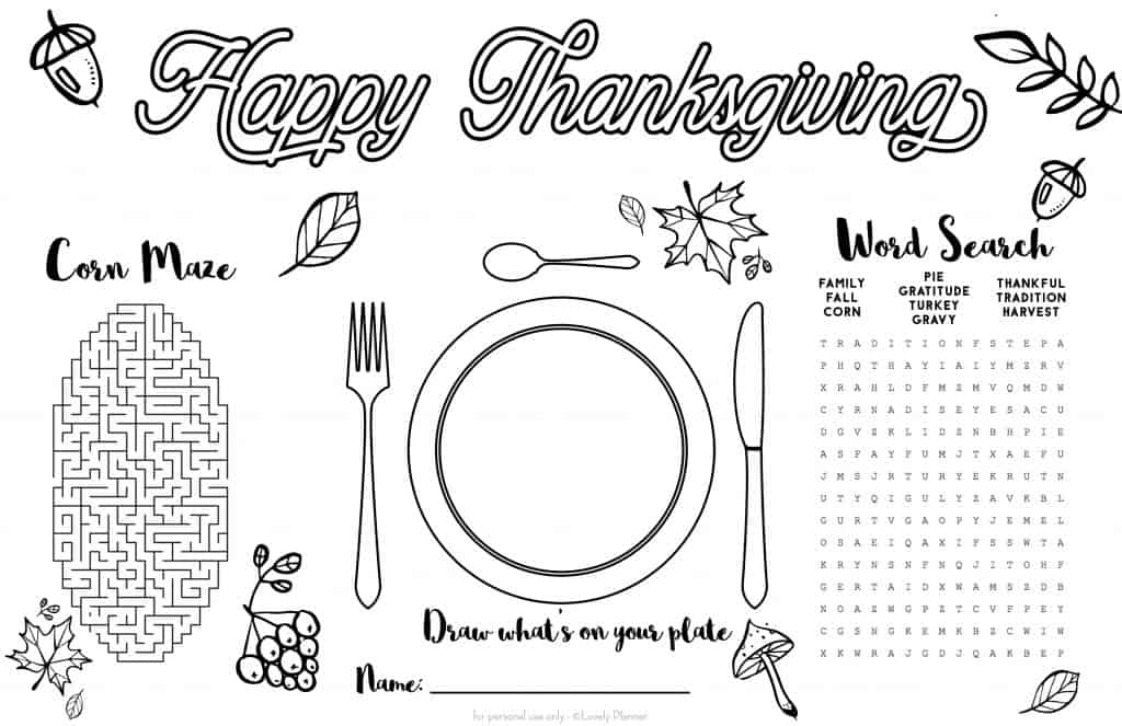 Free Printable Thanksgiving Kid Placemat Activity Sheet Lovely Planner