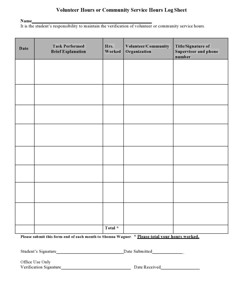 Free Printable Volunteer Hours Log Sheet