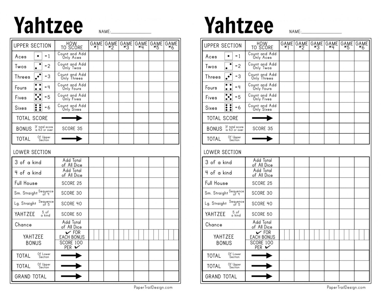 Free Printable Yahtzee Score Card Paper Trail Design Yahtzee Score Sheets
