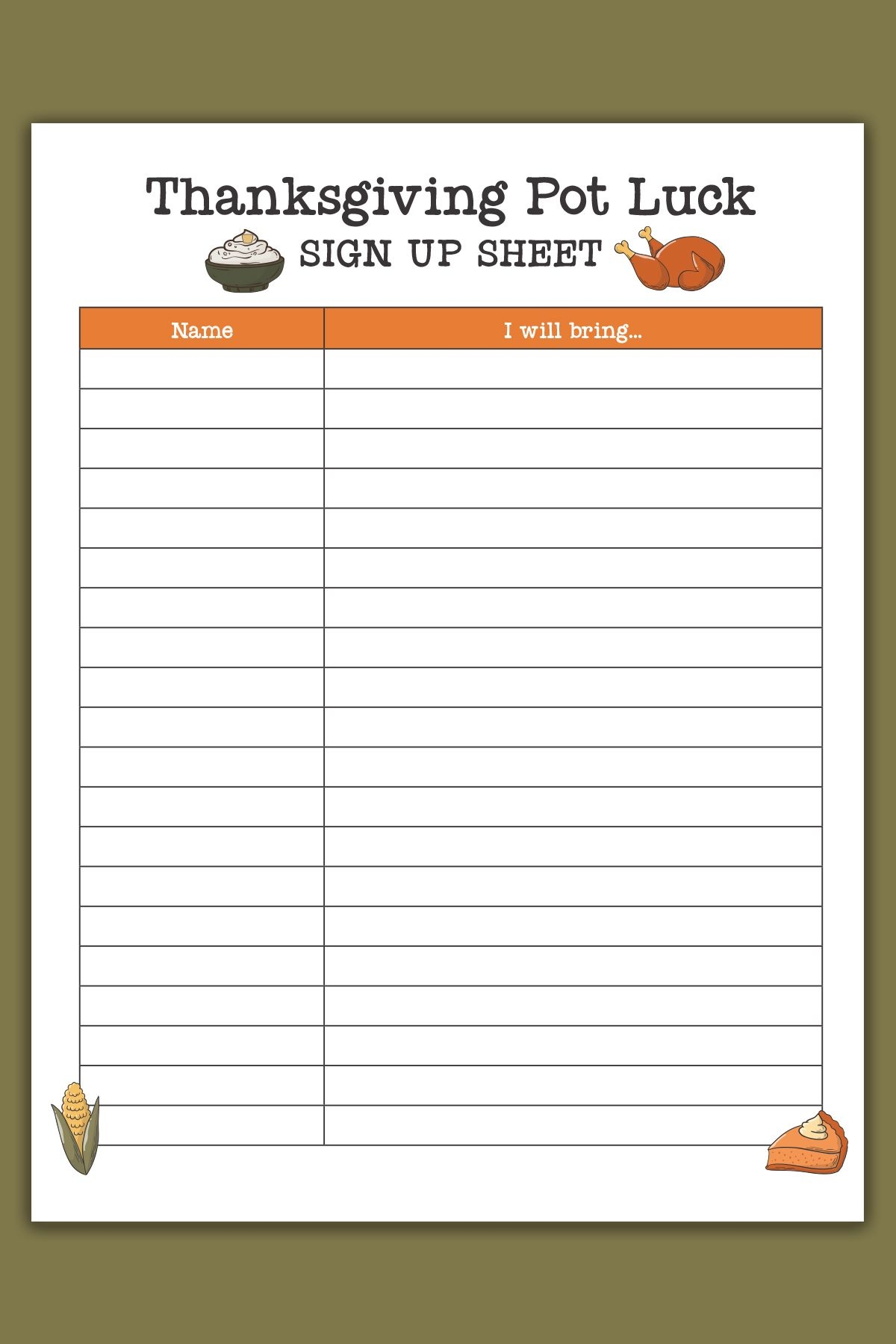 Free Thanksgiving Potluck Sign Up Sheet Set