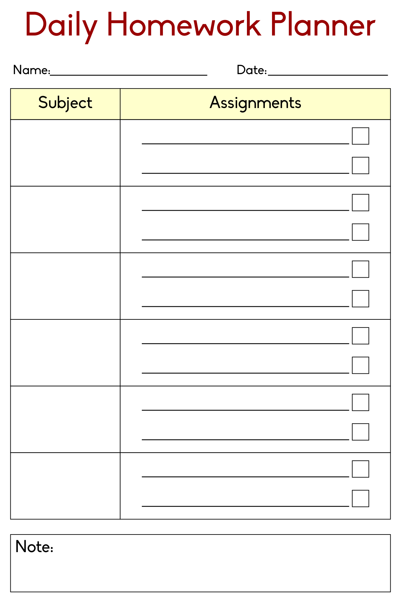 Homework Assignment Sheets Printable
