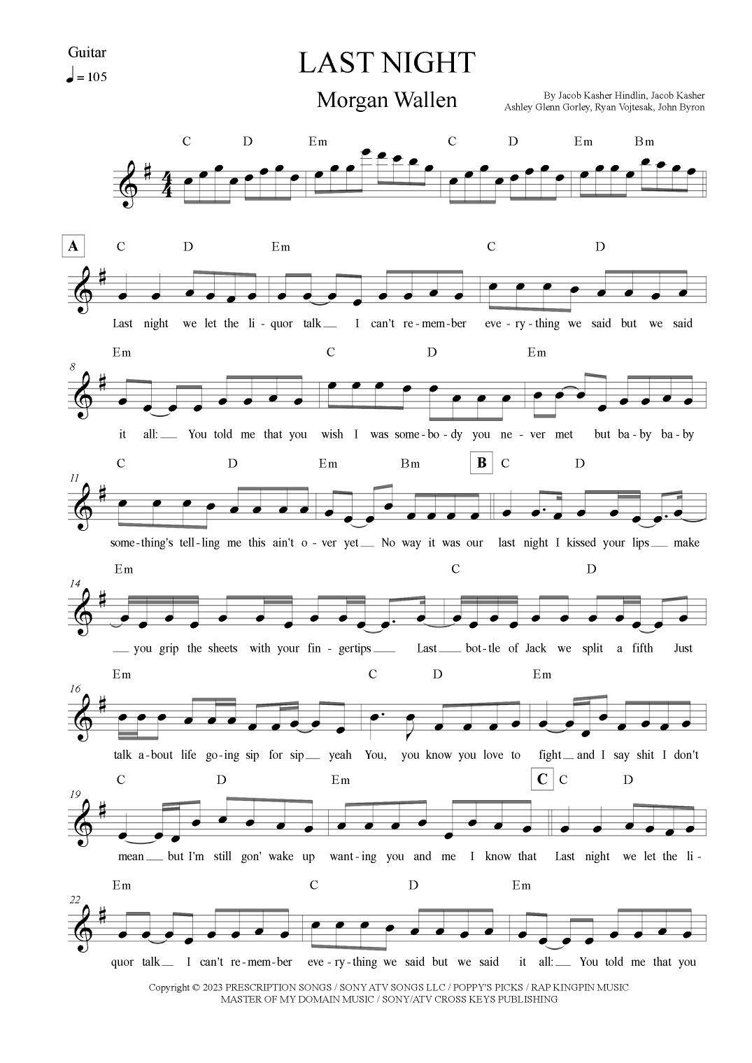 Last Night arr Leo Silva By Morgan Wallen Sheet Music For
