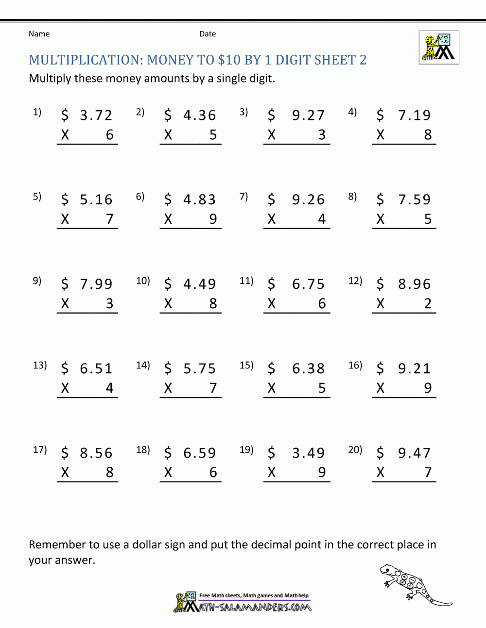 Math Worksheets Printable Multiplication 3 Digits Money By 1 Digit 2