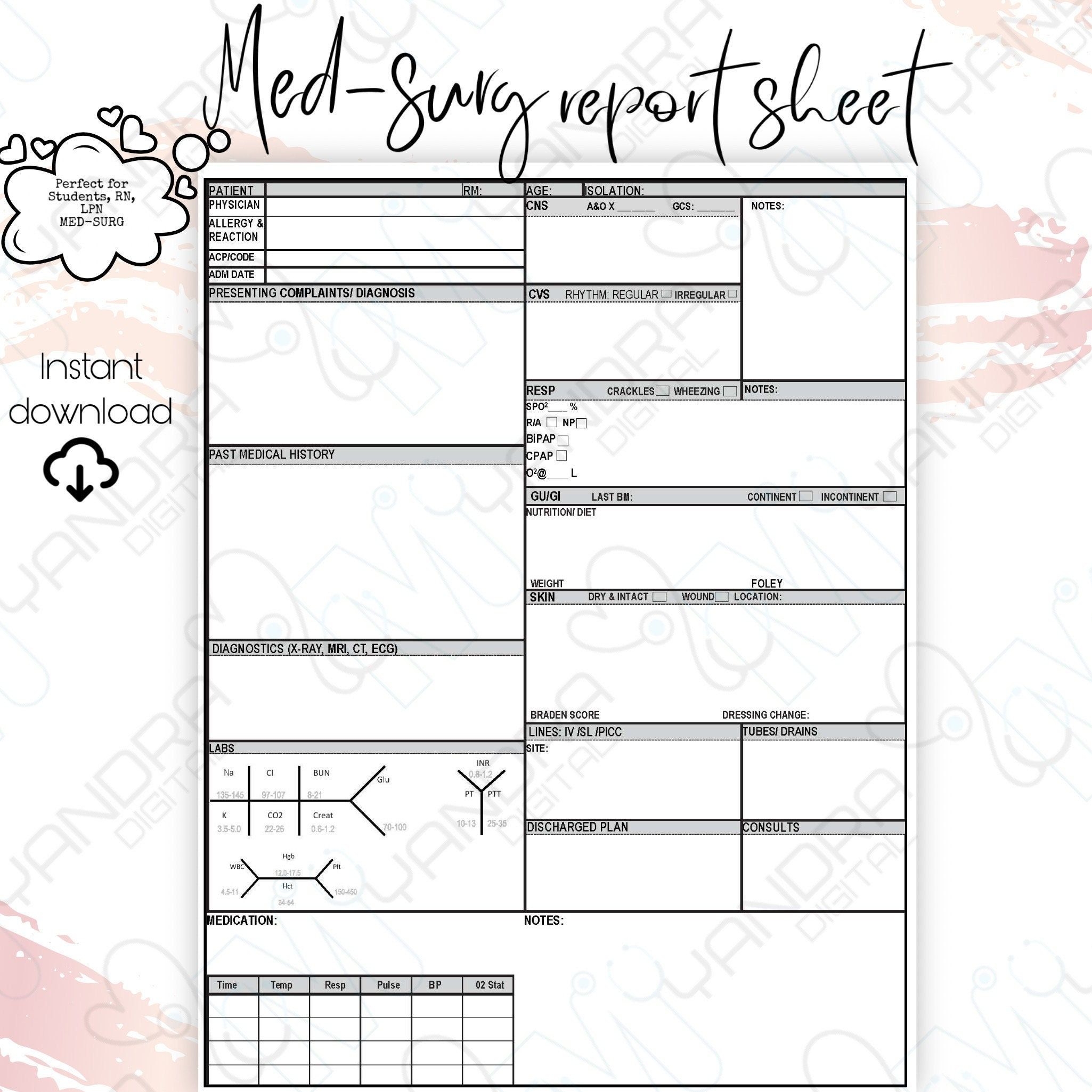 MED SURG Report Sheet Is Perfect For Students RN And LPN To Keep Your 