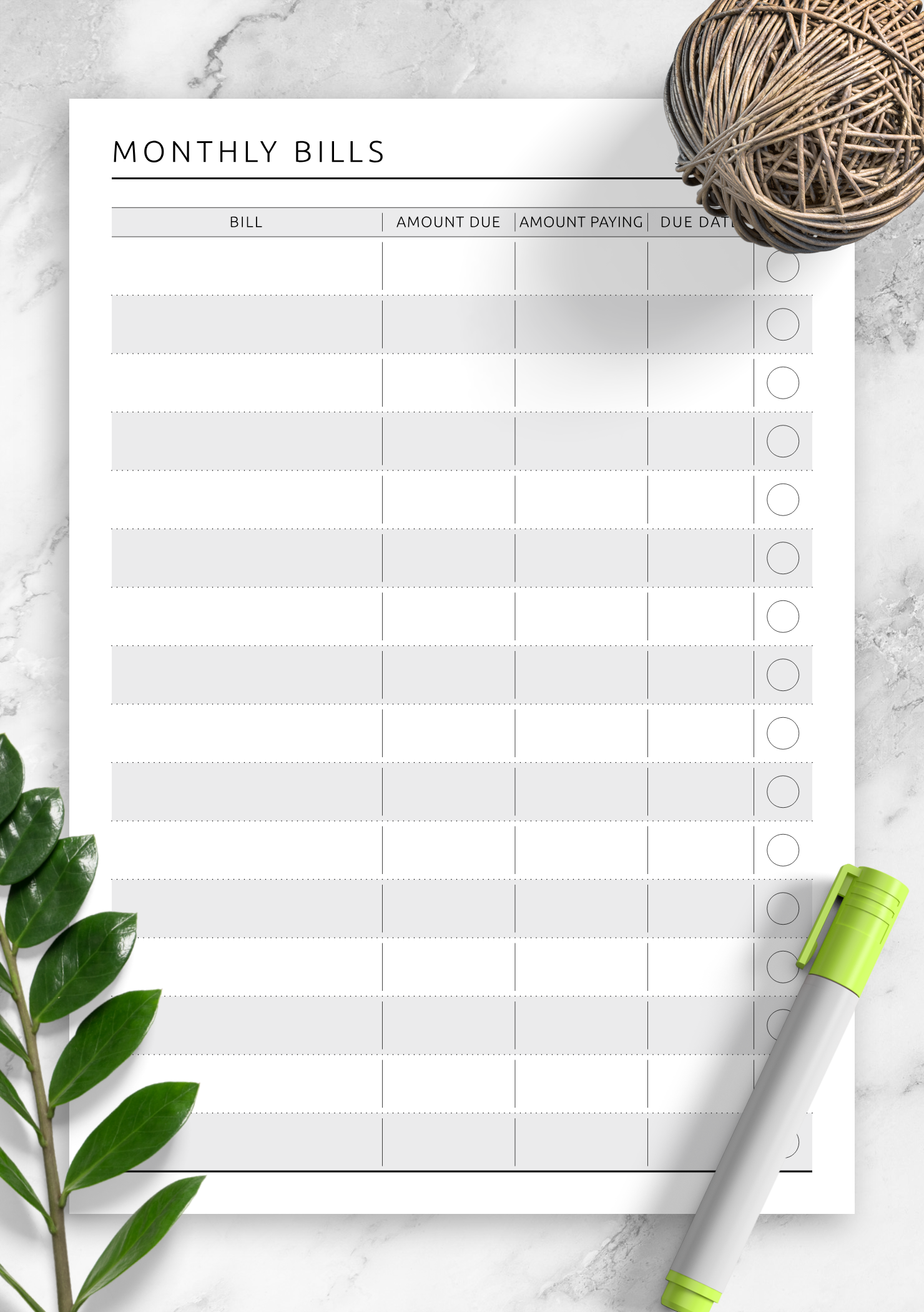 Monthly Bill Sheet Printable