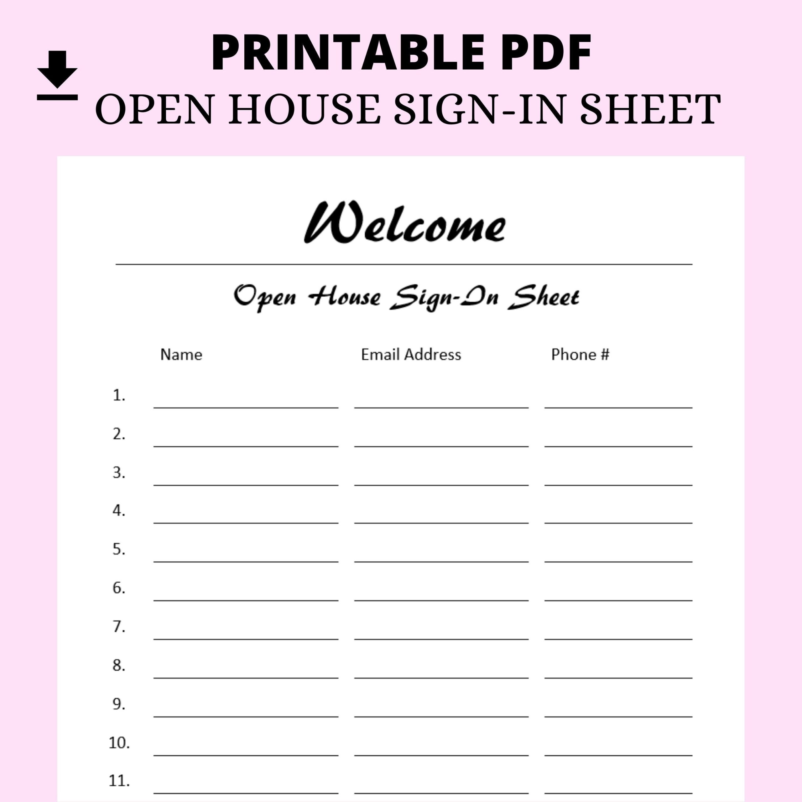 Open House Sign In Sheet Printable House Sign In Sheet Pdf Real 