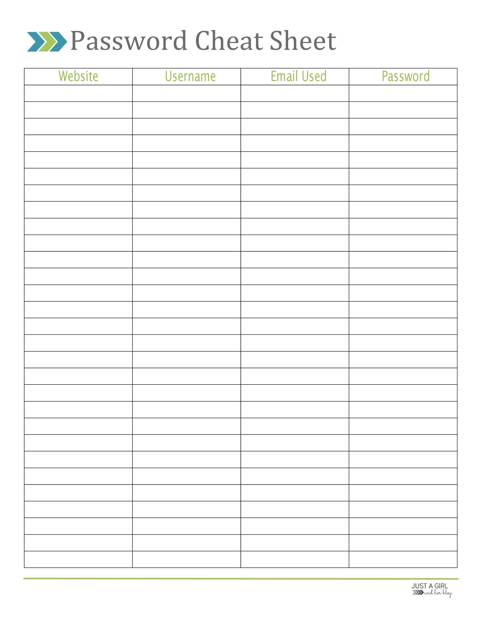 Password Sheet Printable Brennan
