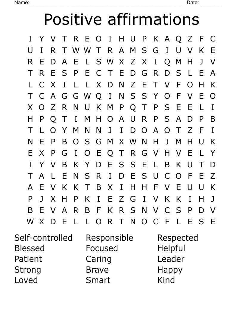 Positive Affirmations Word Search Printable NBKomputer