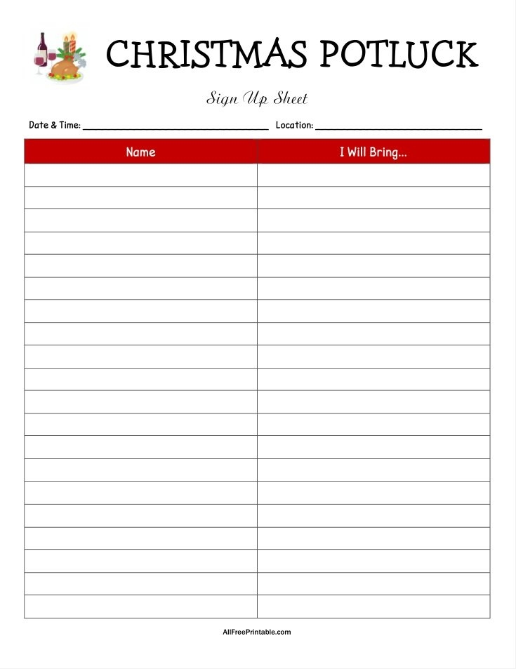 Print Christmas Potluck Sign Up Sheet Free Printable
