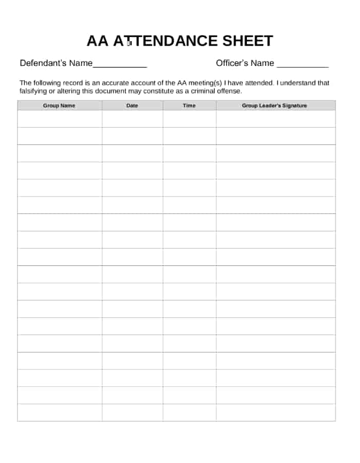 Printable AA Attendance Sheet Free Download And Print For You
