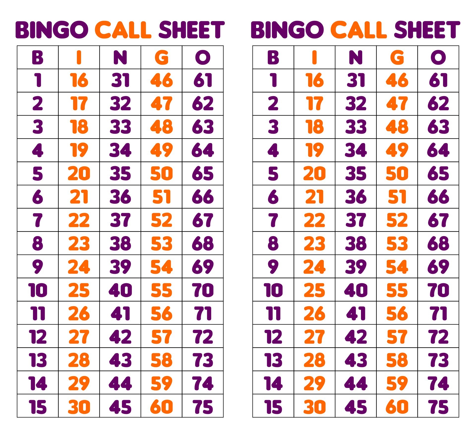 Printable Bingo Call Sheet