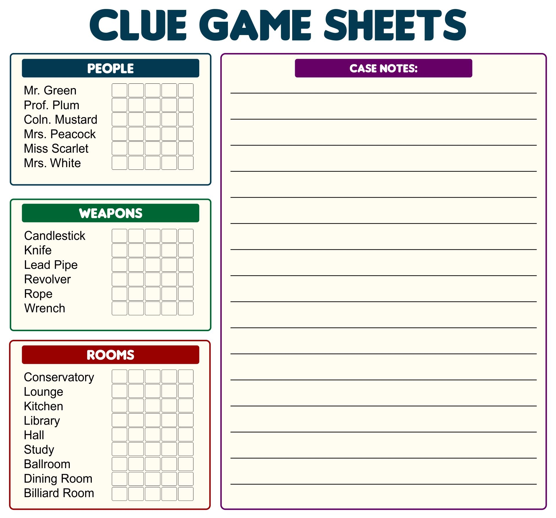 Printable Board Game Clue Sheets Printable JD