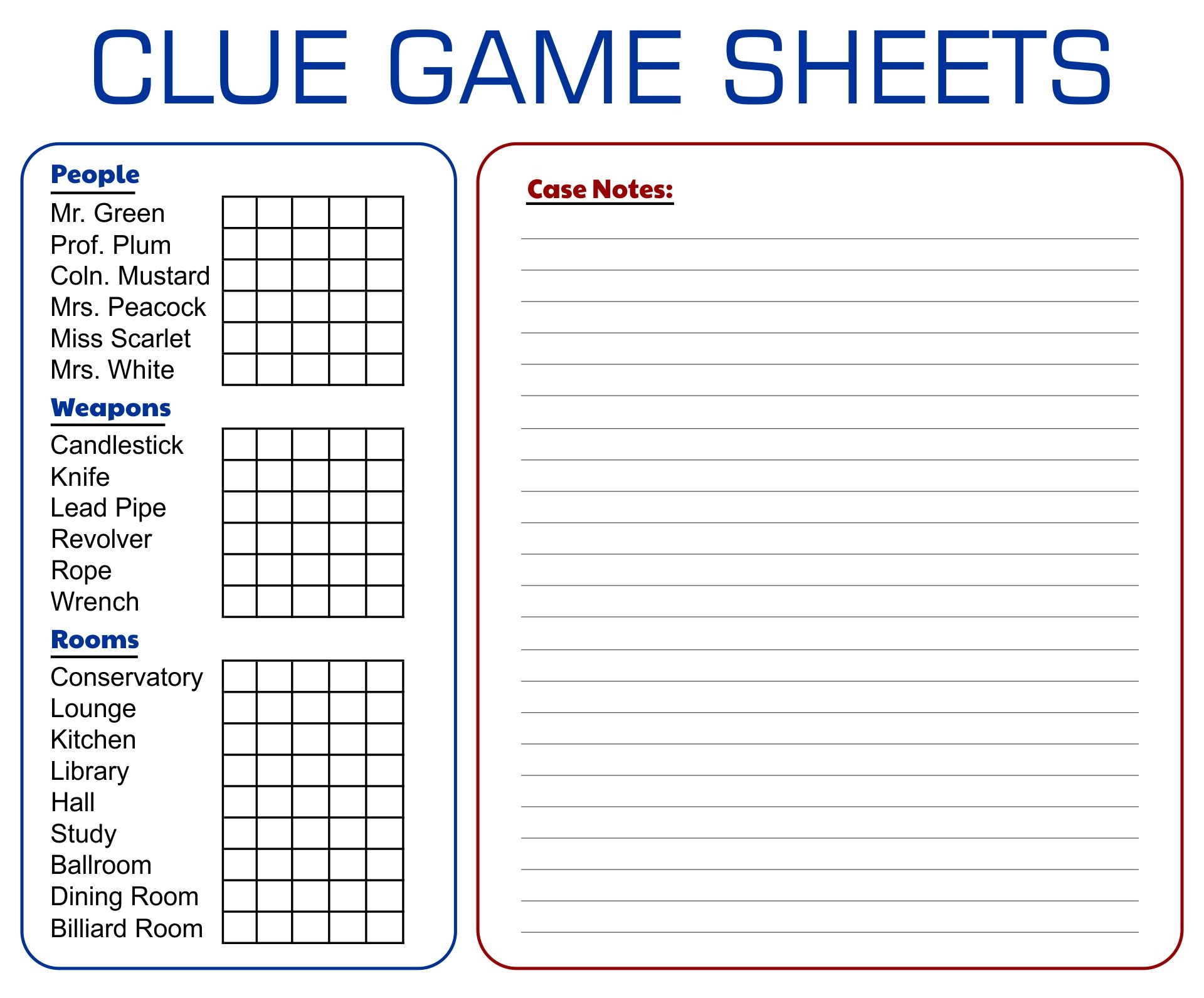 Printable Clue Score Sheet Printable Word Searches