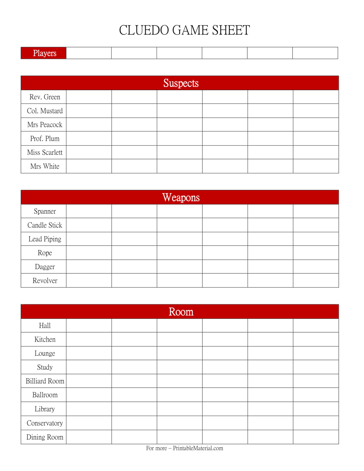 Printable Cluedo Score Sheets PDF