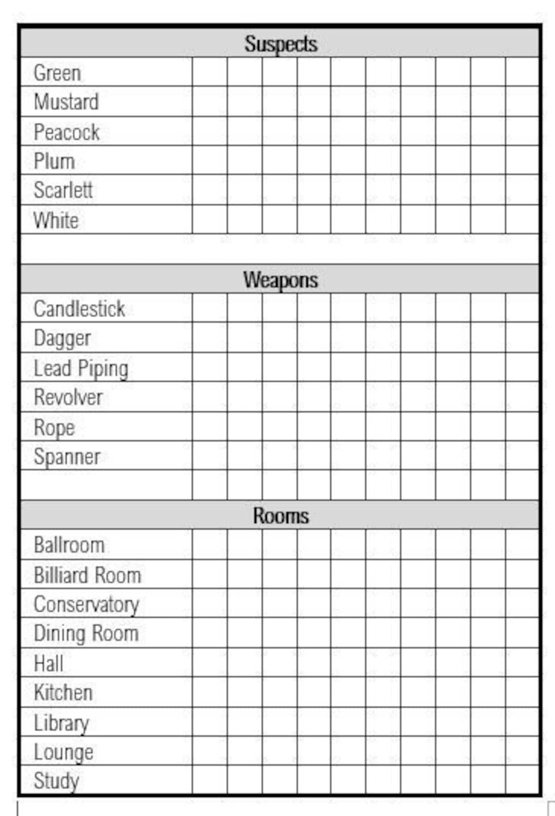 Printable Cluedo Sheets Pdf