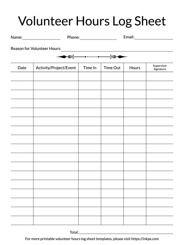 Printable Detailed Volunteer Hours Log Sheet Template InkPx