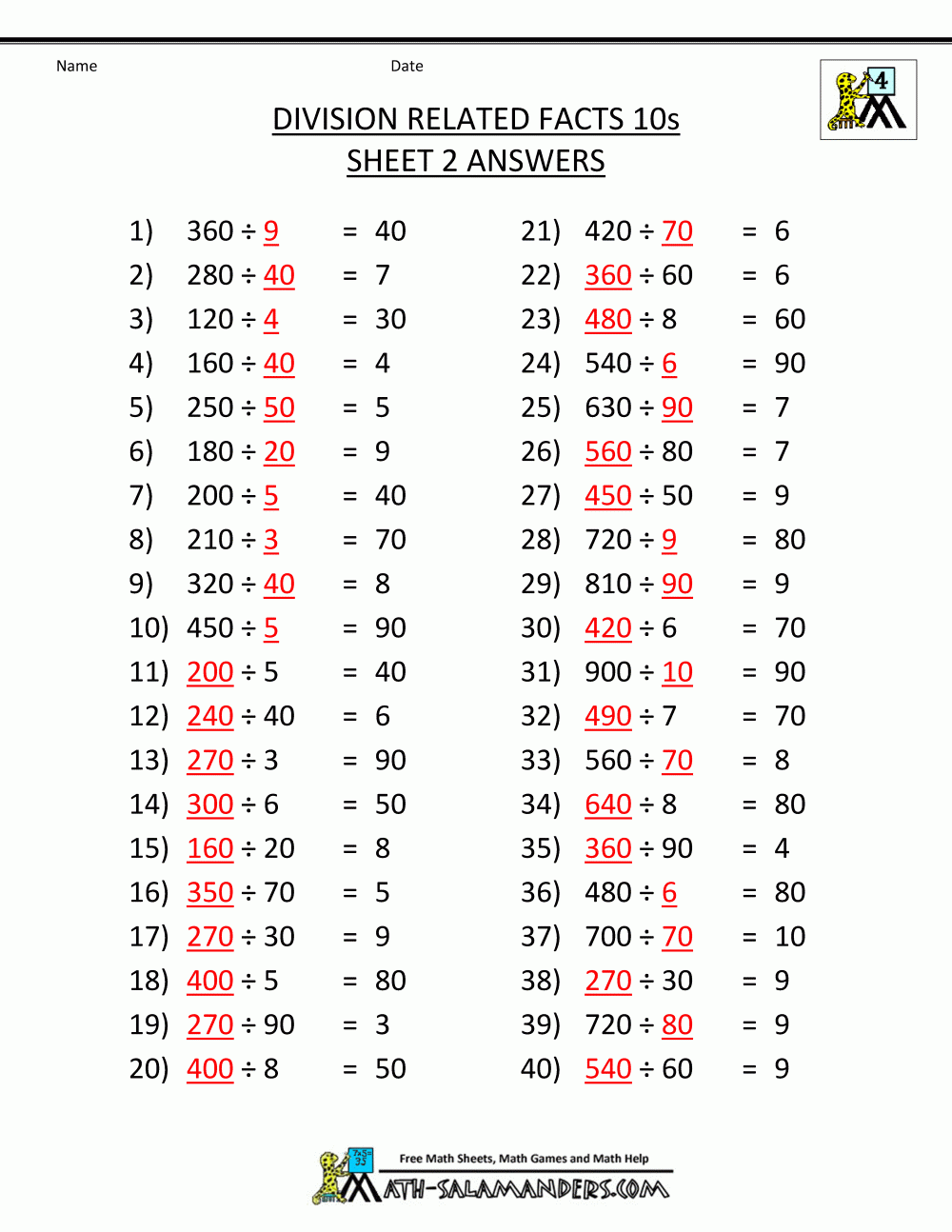 Printable Division Sheets
