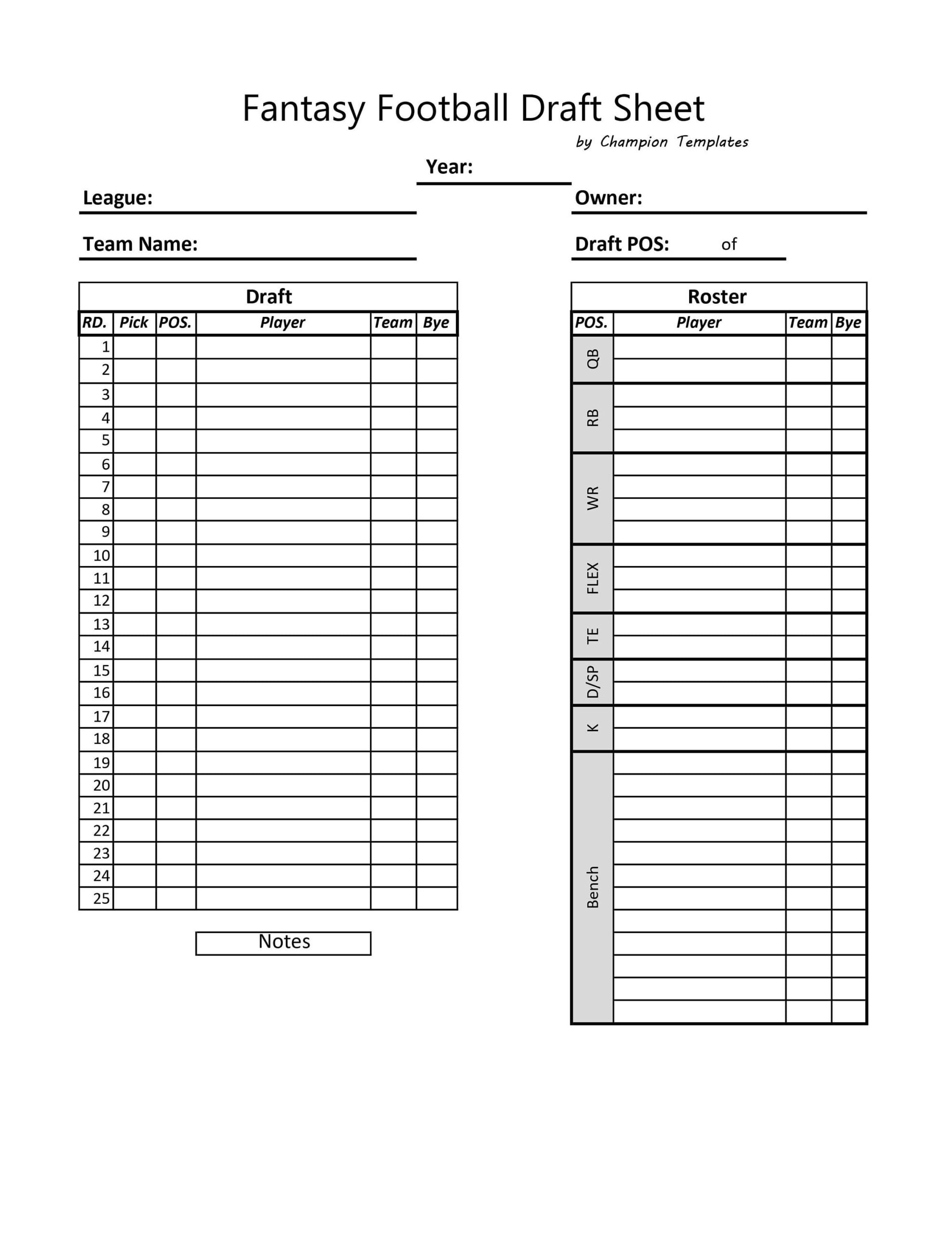 Printable Fantasy Football Draft Sheet Template Free Printable