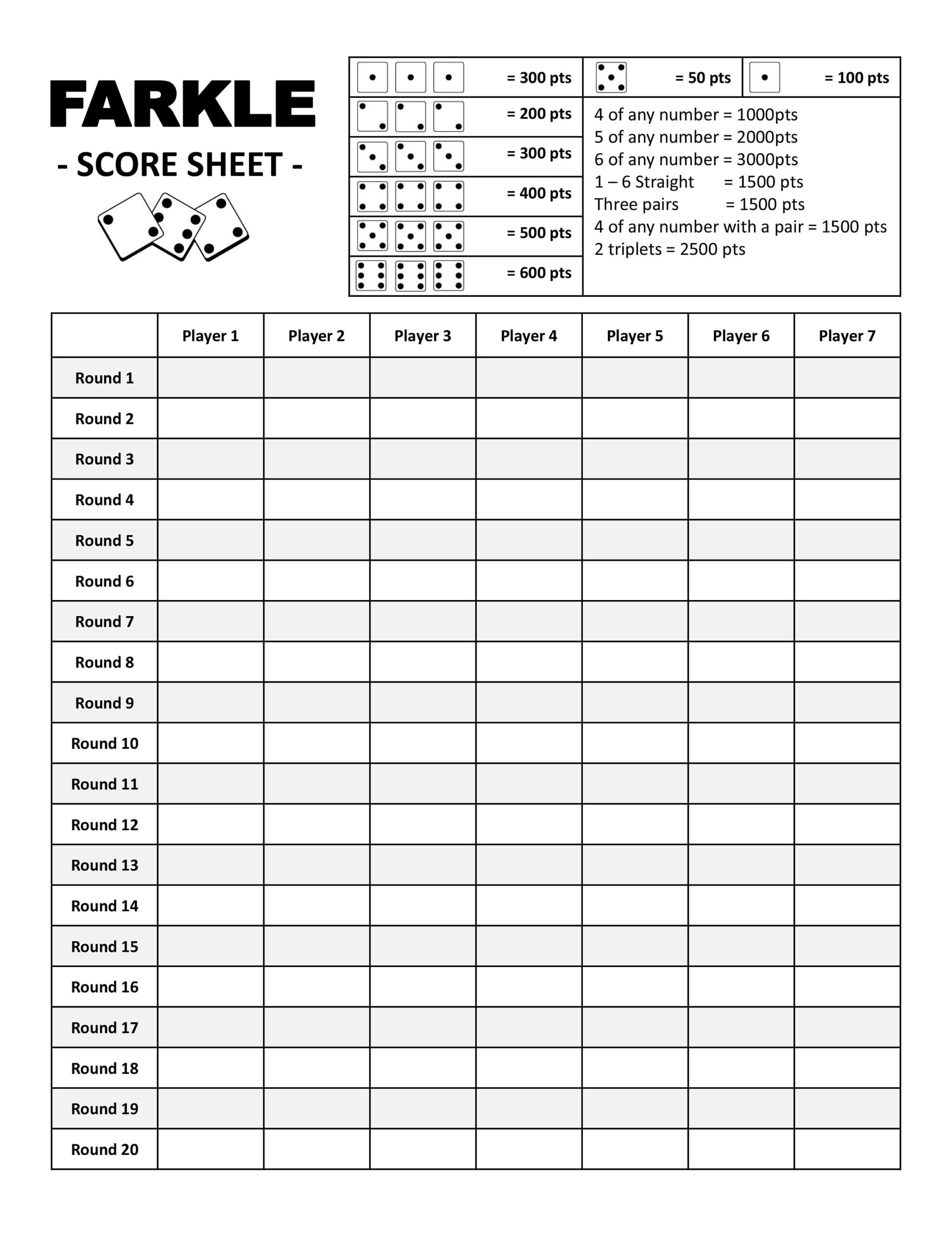 Printable Farkle Score Sheet With Rules Questemerald