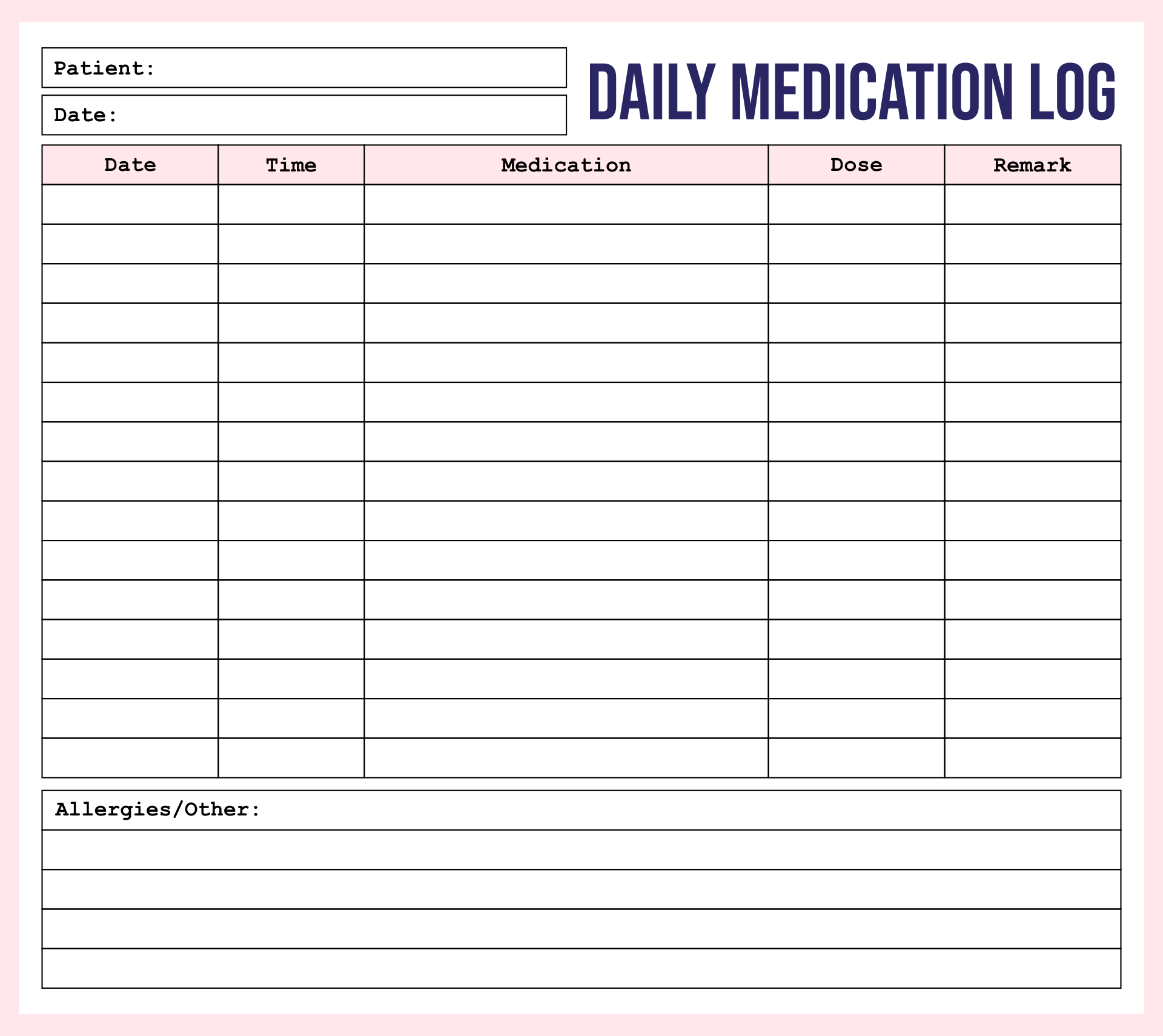 Printable Medication Log Sheet Template Printable Templates