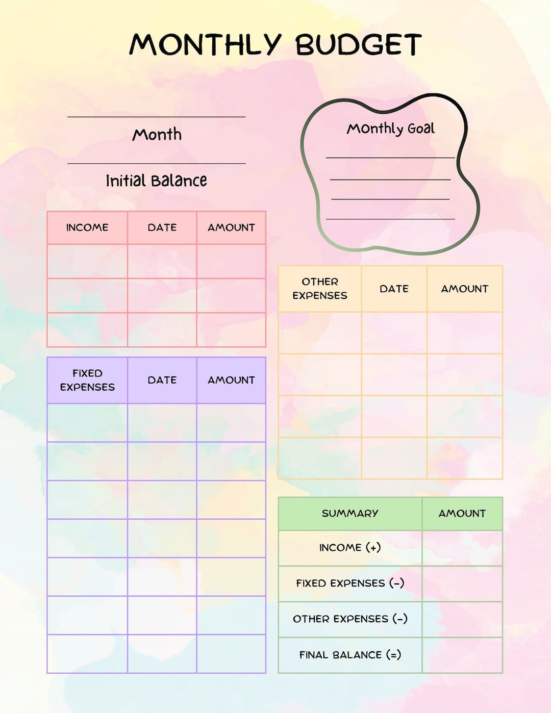 Printable Monthly Budget Sheet Monthly Planner Etsy