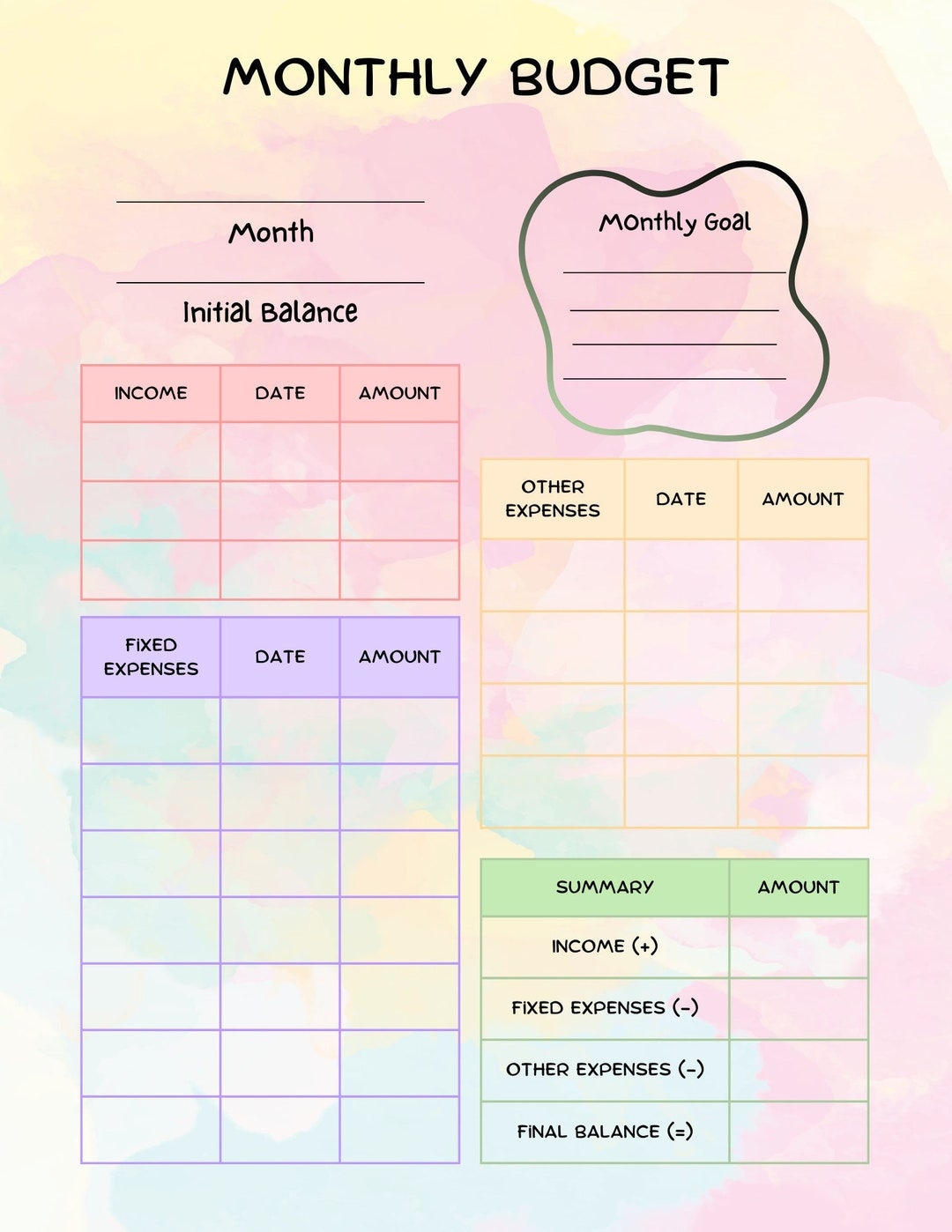 Printable Monthly Budget Sheet Monthly Planner Etsy